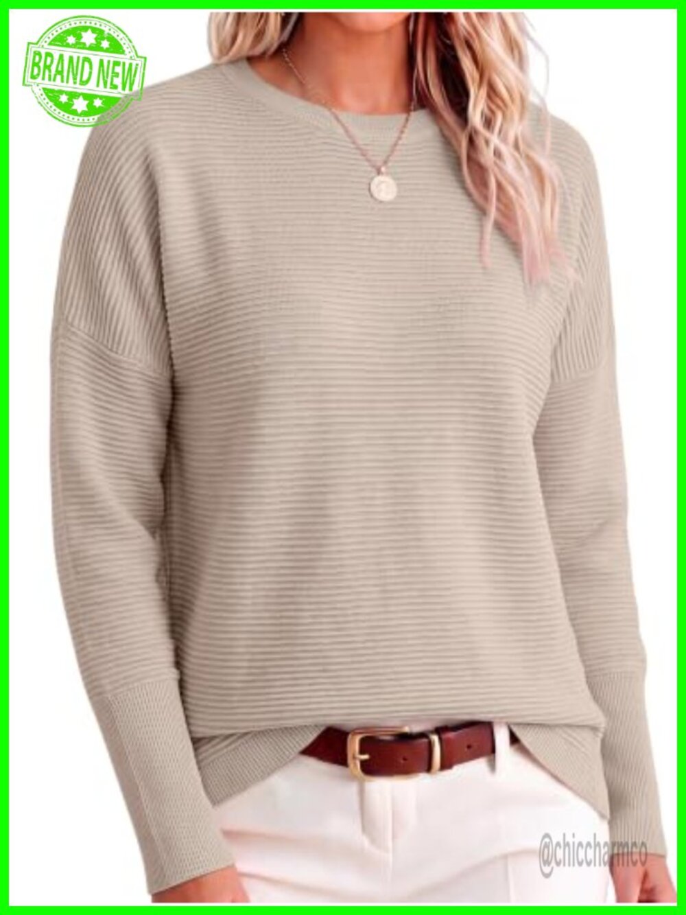 Women's Oversized Ribbed Knit Crew Neck Batwing Sleeve Pullover Sweater